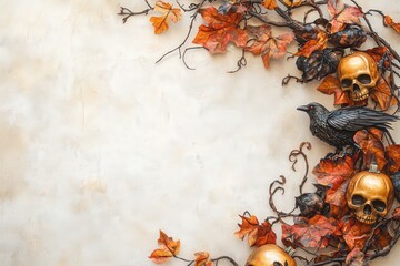Autumnal Halloween border, featuring dried leaves, branches, decorative skulls, and a raven, set against a textured, neutral background.