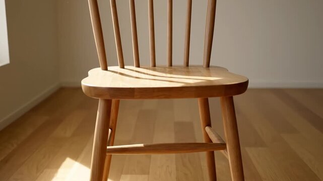 Wooden Chair in Sunlit Room - A light-colored wooden chair sits on a hardwood floor, bathed in sunlight streaming from a nearby window.