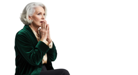 Dignified mature caucasian woman, silver hair, emerald velvet robe, gold undershirt, dark trousers, hands cupped at mouth, solemn gaze, on white studio background with copy space, concept of deep