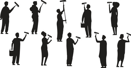 Silhouette of painters with rollers, teamwork painting wall, renovation crew, construction workers, home improvement, group activity, DIY project scene