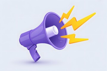 Purple megaphone with yellow lightning bolts announcing important breaking news now