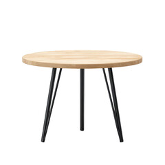 Round wooden table with black legs isolated on transparent background
