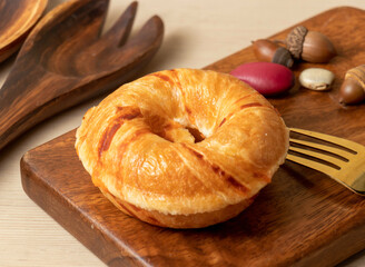 Creamy Doughnut on a Wooden Board side view of hong kong food
