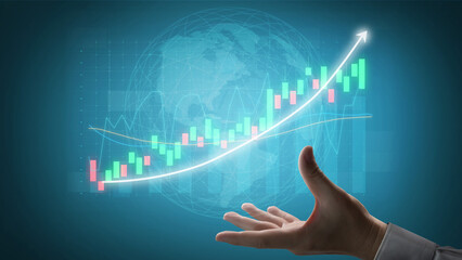 A conceptual image depicting a hand reaching out towards a digital graph showcasing business growth and performance trends in a global context. Impute