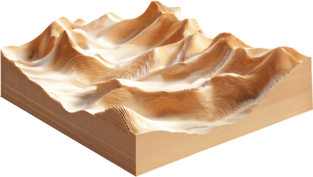 3D topographic map of a mountainous region.  Beige, textured, relief, shows hills, valleys, and peaks.  Perspective view