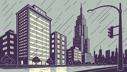 Obraz premium Rainy cityscape with tall skyscrapers and modern buildings illustration