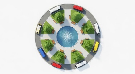 Naklejka premium Circular plaza with a central fountain, benches, trees, and colorful cars parked around the edge