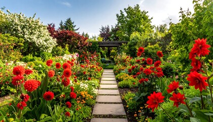 Lush garden path with vibrant flowers (1)