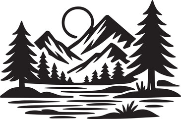Stylized Black Silhouette of Mountains Pine Trees and River Under a Crescent Sun nature landscape