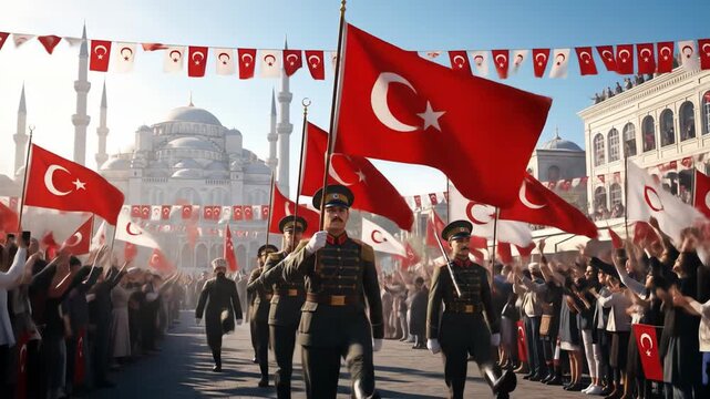 Turkish flag parade, celebrating national pride, in Istanbul with copy space