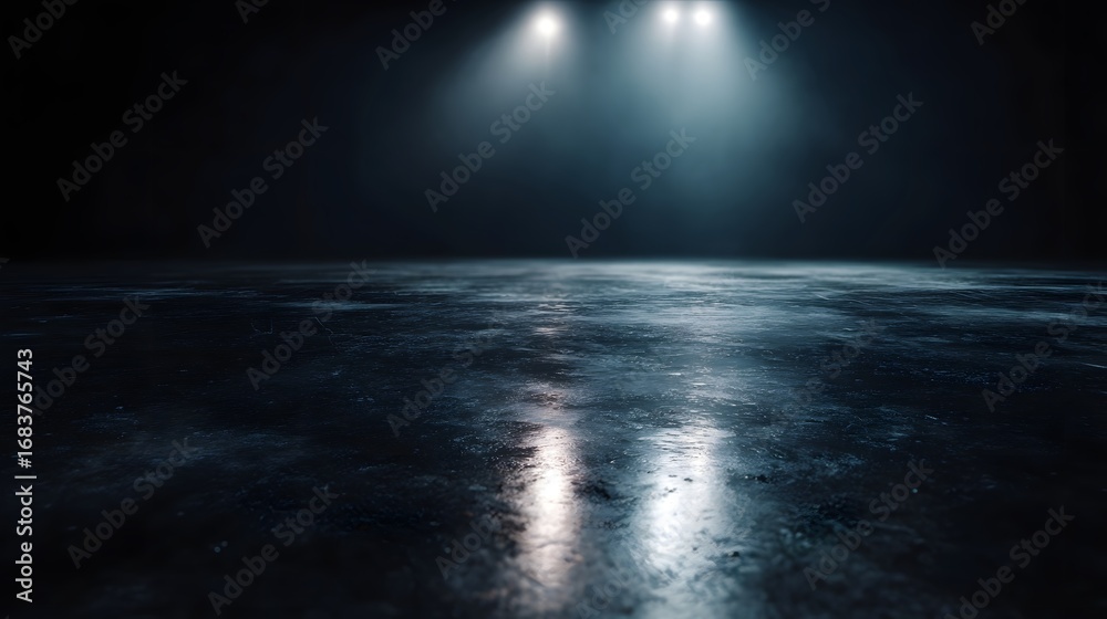 Wall mural dramatic spotlights illuminate a dark reflective floor creating a mysterious and empty atmospheric s