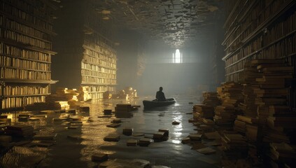 Flooded library, a lone figure