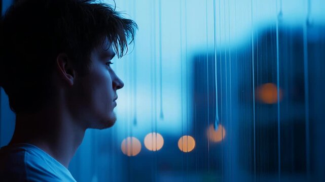 Pensive young man looking out window at rainy cityscape at night