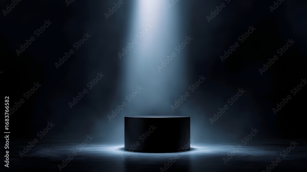 Canvas Prints a dark cylindrical podium stands illuminated by a strong spotlight in a smoky empty room creating a 