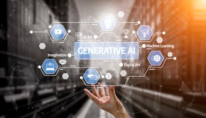 A hand reaches towards floating icons representing generative AI and digital art, illustrating the...