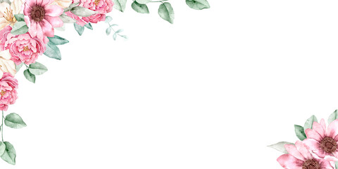 Rectangular watercolor frame with pink peonies, white azaleas, eucalyptus leaves arranged on the edges, isolated on white background. Perfect for wedding cards, posters, invitations, banners or print.