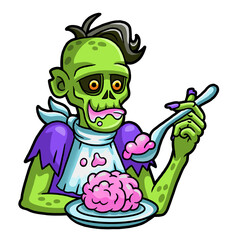 Funny zombie character eating brains. Cartoon illustration for Halloween. Comic book style