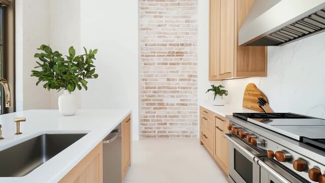 Modern kitchen with light wood cabinets, white countertop, exposed brick wall and stainless steel appliances