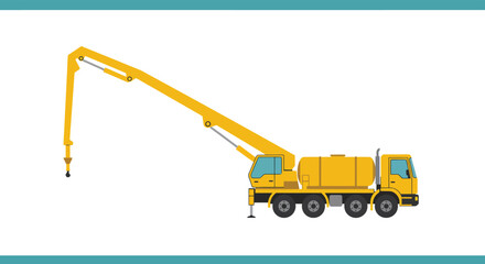 A yellow concrete pump truck isolated on white background, highlighting its specialized design for efficiently pouring concrete on construction sites