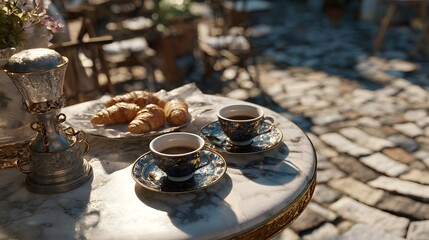 Fototapeta premium French cafe breakfast croissants and coffee on marble table outdoor european cafe morning sunlight aesthetic
