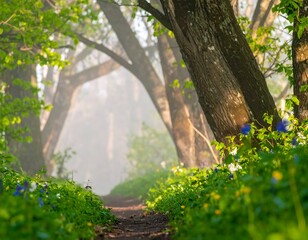 Misty forest path in spring