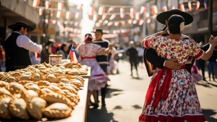Chilean couples dancing at a street festival, with empanadas, for cultural events