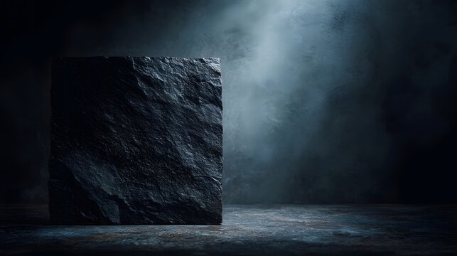 Dark textured stone slab standing upright against a moody spotlighted background perfect for product display or backdrop