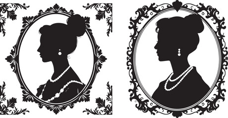 Elegant cameo women portraits with intricate vintage ornamental frame on white background