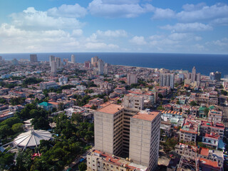 Naklejka premium aerial view , Havana, Cuba, skyline over ocean and city across the harbor