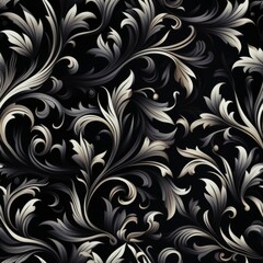 A seamless black floral pattern with intricate swirling leaf designs in white and off white colors,