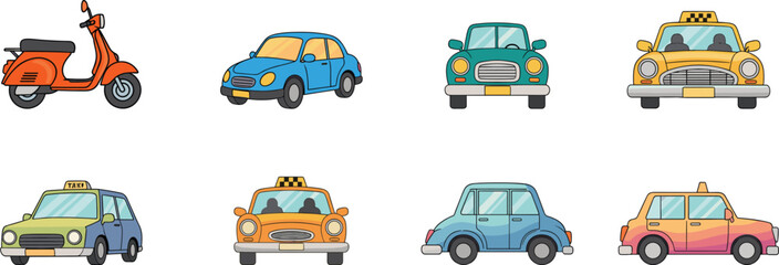 Collection of colorful cartoon vehicles including cars, taxis, scooter, and retro automobiles, isolated on white background for transport vector design