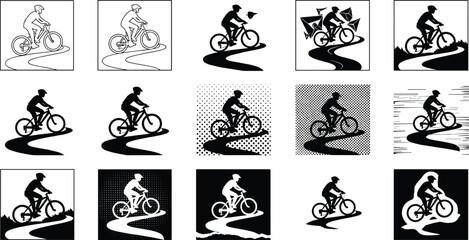 Cyclist silhouette sequence, bicycle riding illustration, winding path graphic, outdoor sport art, cycling design variations, fitness activity concept, transportation and recreation theme