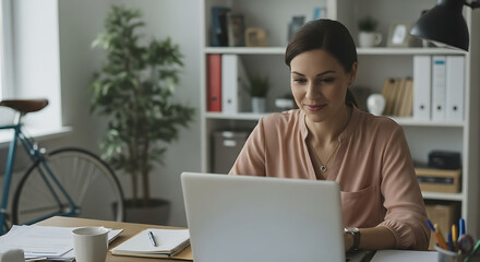A woman working on a laptop at a desk in an office with a bicycle and bookshelf in the background
