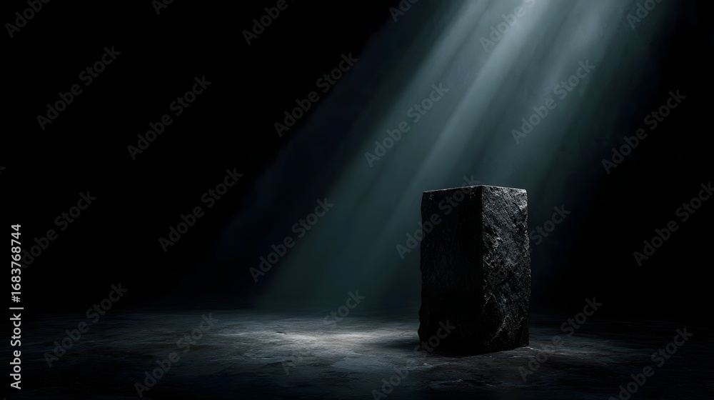 Wall mural stone pedestal illuminated by dramatic light rays in a dark mysterious void creating a minimalistic 
