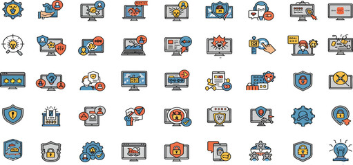 Collection of cybersecurity icons depicting various threats and protection measures, vector illustration