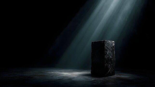 Stone pedestal illuminated by dramatic light rays in a dark mysterious void creating a minimalistic and impactful display platform