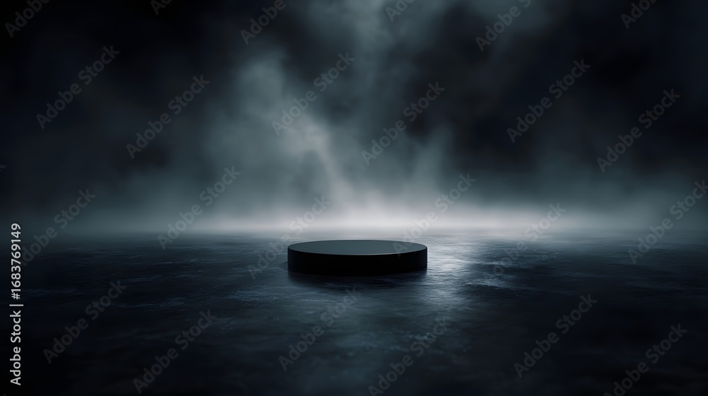 Wall mural dark and mysterious foggy scene with an empty circular podium for product display featuring atmosphe