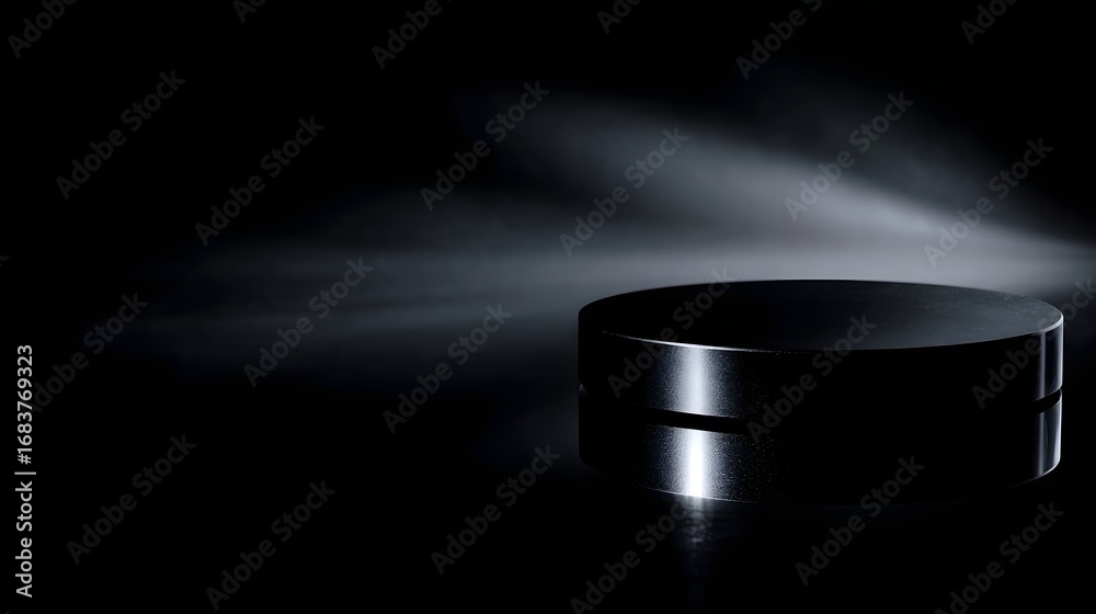 Canvas Prints an elegant dark cylindrical display stand with a reflective surface is illuminated by a dramatic spo