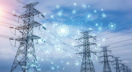 Transmission towers against a blue sky with digital network overlaying the power lines and the towers