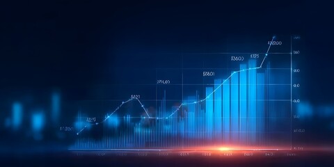  A blue background with a glowing financial graph, representing stock market trends and growing advertising sales data in the digital age. 