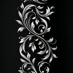 Vertical floral pattern with intricate stems and leaves on black background,