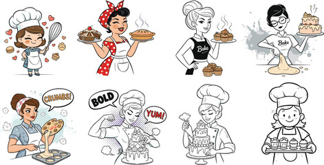 Collection of women bakers preparing bread, cakes, pies, and cupcakes in kitchen, isolated on white background for cooking vector illustration design