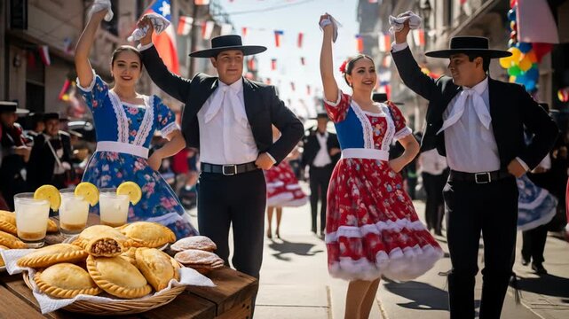 Chilean dancers performing traditional cueca, with empanadas and bebidas, in a street parade, for cultural events
