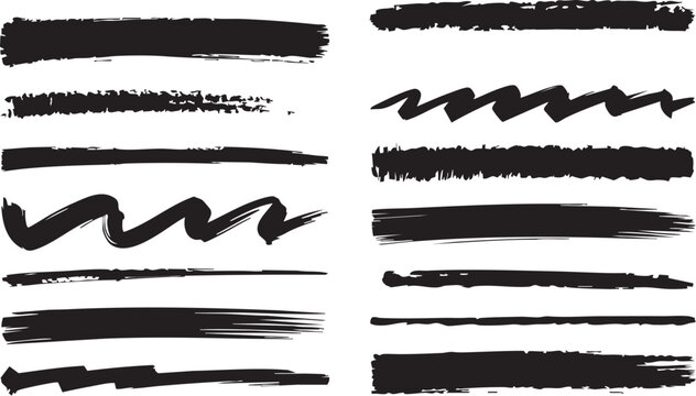 hand-drawn brush stroke set with grunge and scribble style black lines for graphic design, underline elements, and creative decorative accents