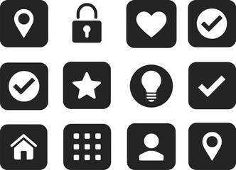 UI icons, mobile interface, app symbols, black vector set, user experience, navigation elements, minimal design, web buttons, digital tools, graphic pack