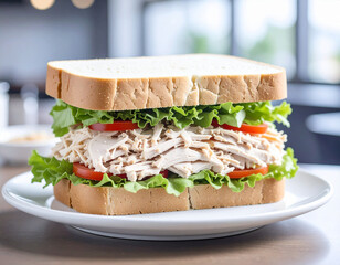 Um sanduiche natural feito de duas fatias de pão de forma, com alface, tomate, carne de frango desfiada, molho rose, servido em um prato branco sobre a mesa de uma lanchonete com fundo desfocado. 