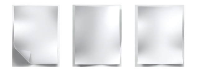 Three blank, rectangular, white sheets of paper or similar material, each with a curled corner