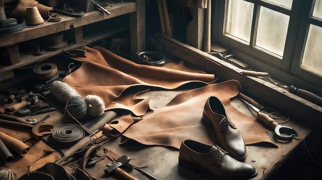 Leather craftsmanship workspace with shoes, leather sheets, and tools in a traditional workshop