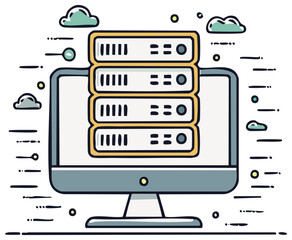 Cloud Computing Servers and Data Network Infrastructure on a Digital Monitor Display