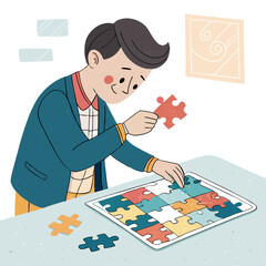 Fototapeta premium Young man in a jacket solving a colorful jigsaw puzzle.